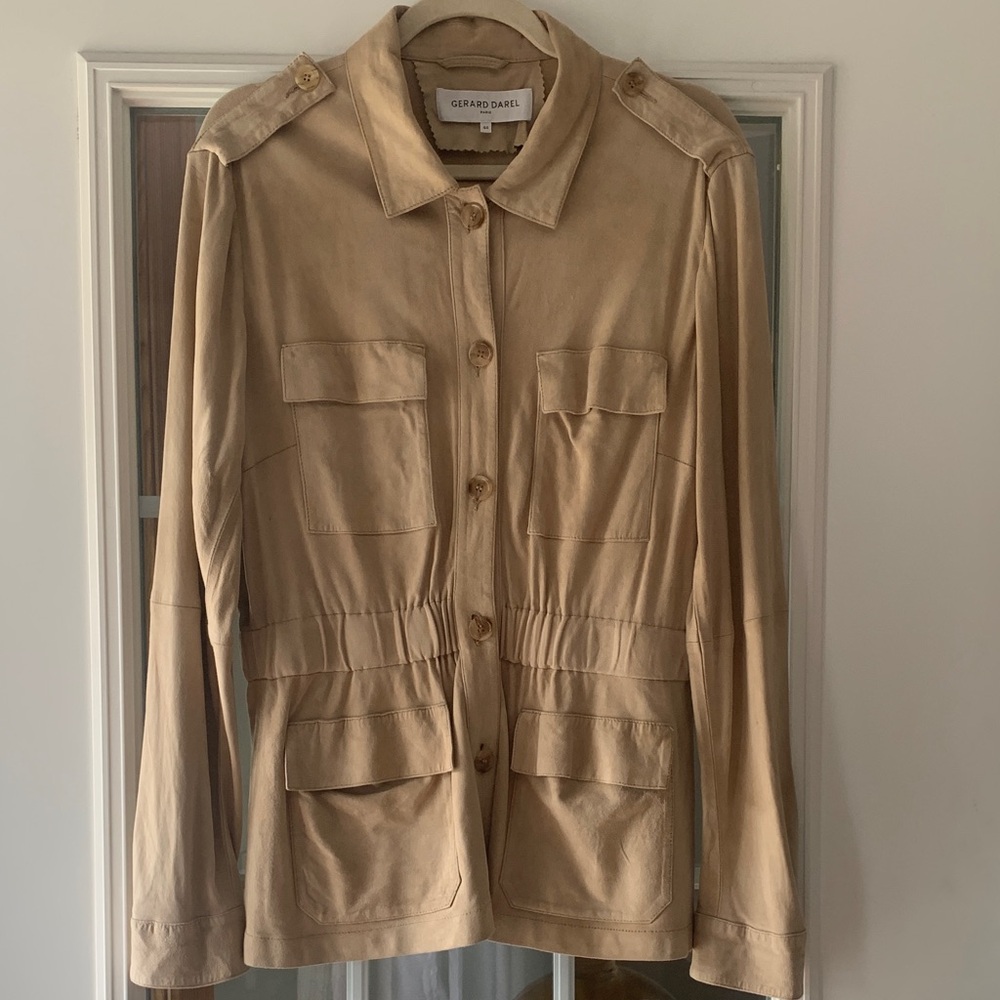 Gerard Darel, Luxury Tan Goat Suede Utility Jacket, Sz 44
